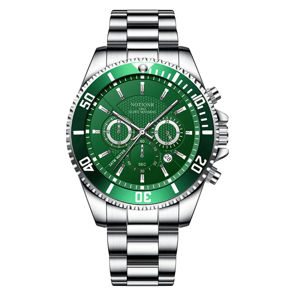 Men's gold green stainless steel quartz watch with luminous dial and calendar, 42mm, 30m water resistant