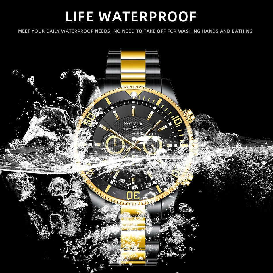 Men's gold green stainless steel quartz watch with luminous dial and calendar, 42mm, 30m water resistant