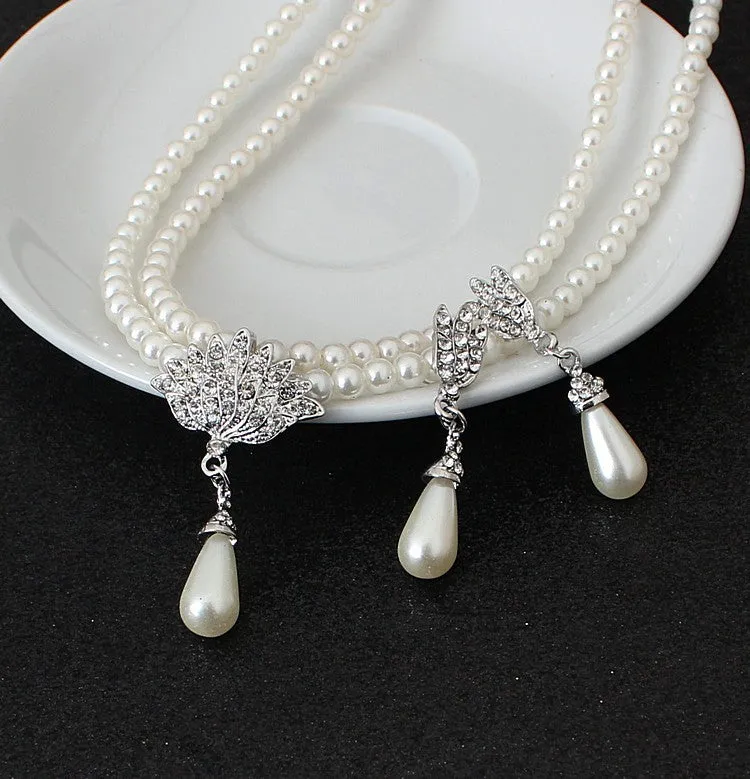 Bridal pearl crystal diamond look necklace and earrings set CMT087 with metallic polished finish