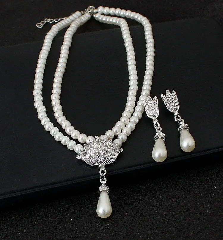Bridal pearl crystal diamond look necklace and earrings set CMT087 with metallic polished finish