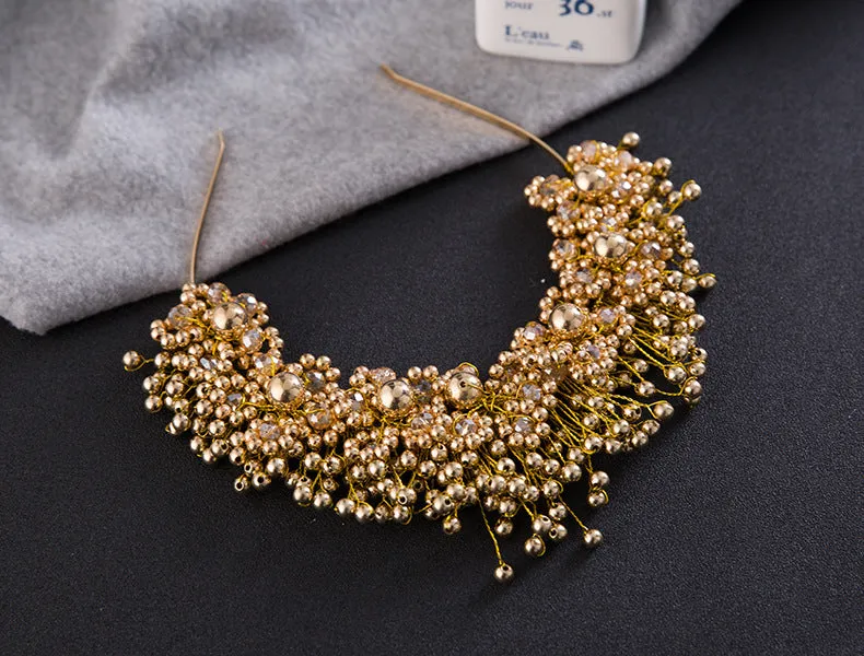Korean bridal pearl headband hair accessories in white and gold with flower accents