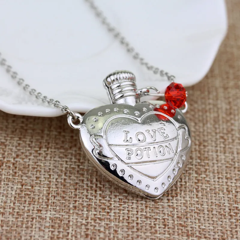 Love poison pill bottle pendant necklace in rose red on a box chain