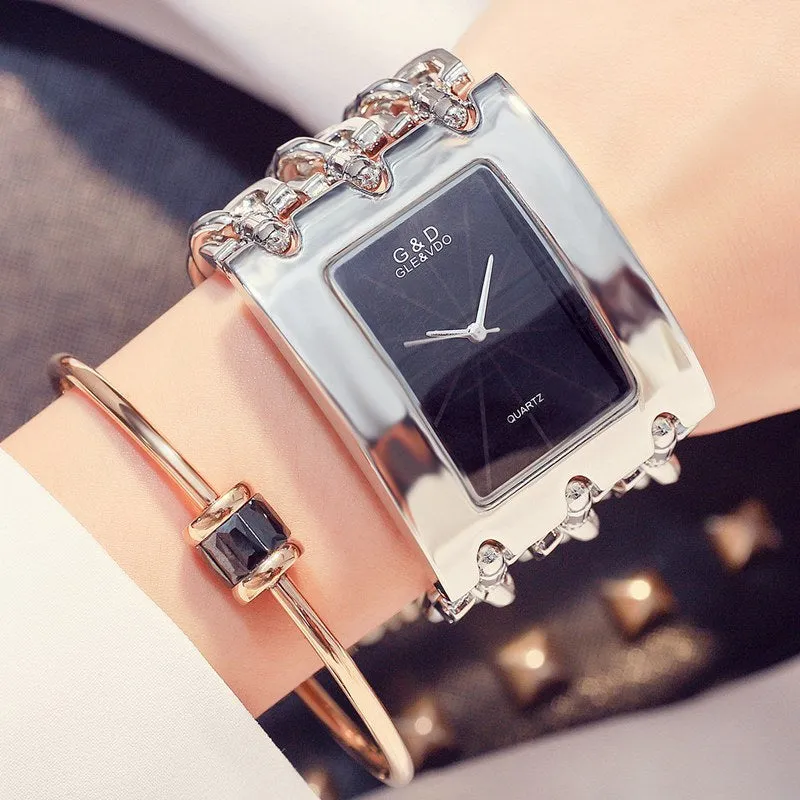 Womens quartz watch with stainless steel strap, 40mm silver dial, and analogue display