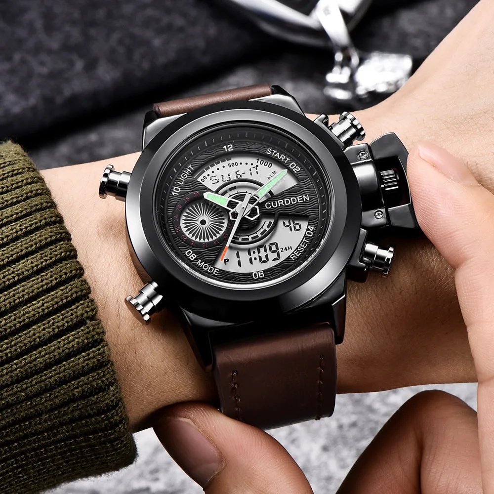 Men's sports watch with dual display, leather strap, black dial, 4.7cm surface diameter