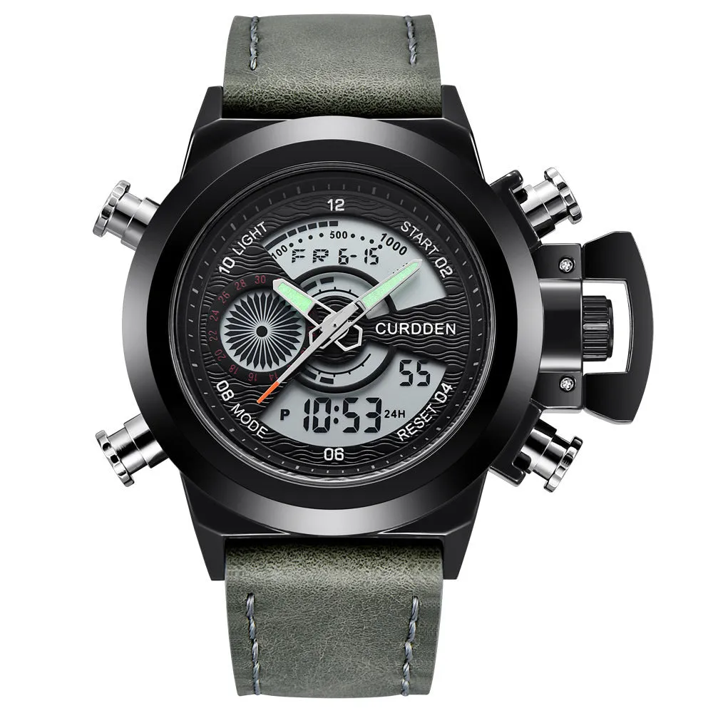 Men's sports watch with dual display, leather strap, black dial, 4.7cm surface diameter