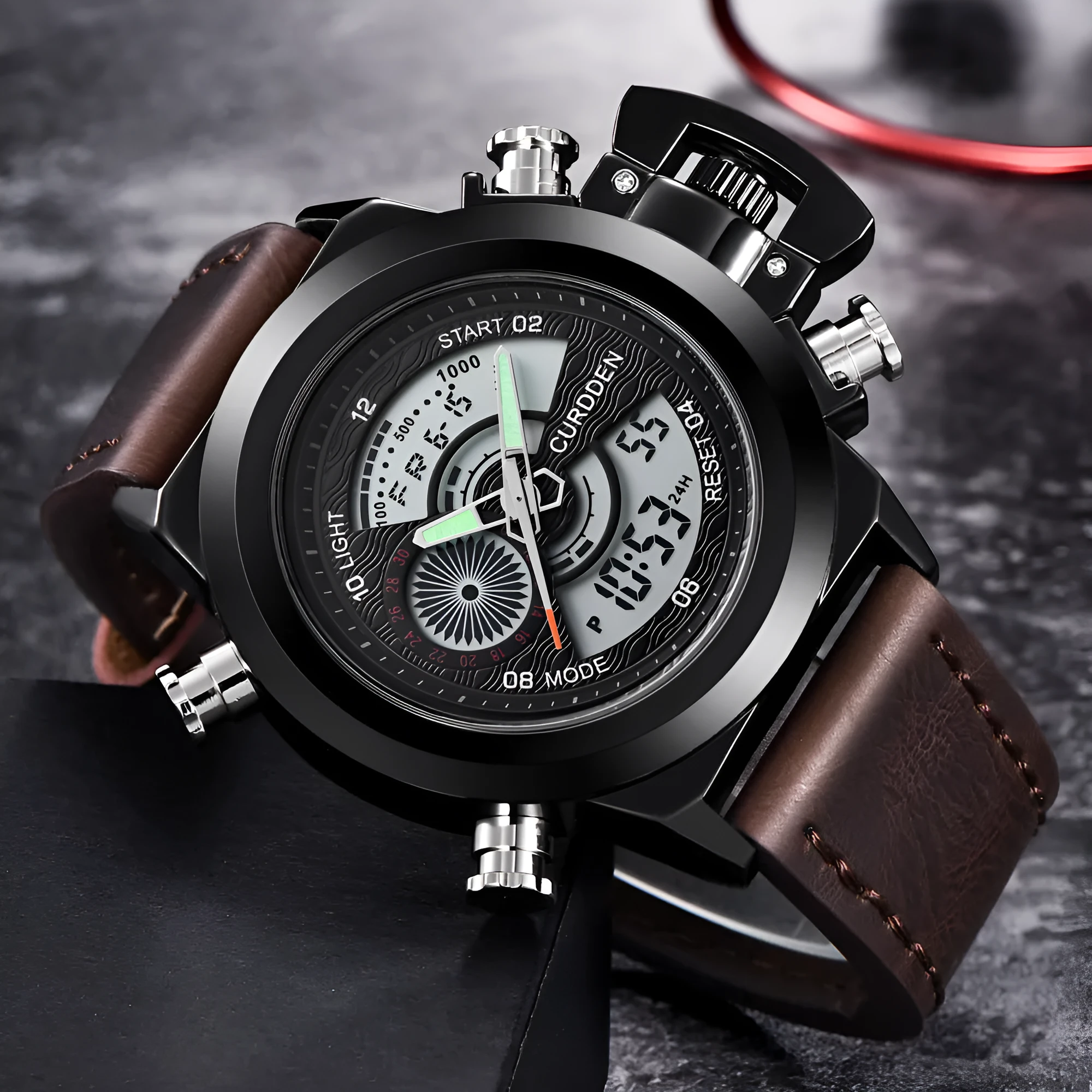 Men's sports watch with dual display, leather strap, black dial, 4.7cm surface diameter