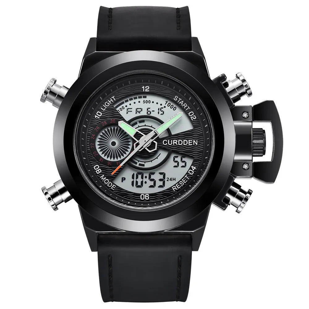 Men's sports watch with dual display, leather strap, black dial, 4.7cm surface diameter