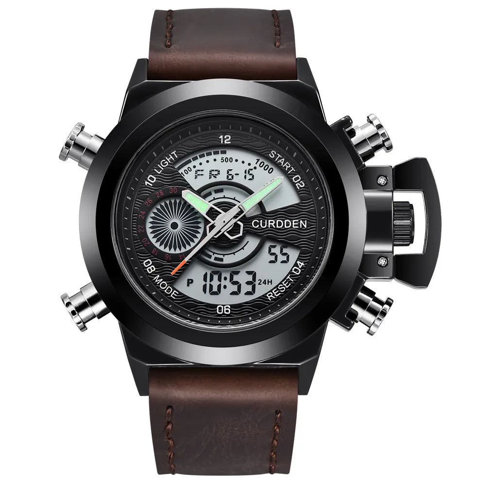 Men's sports watch with dual display, leather strap, black dial, 4.7cm surface diameter