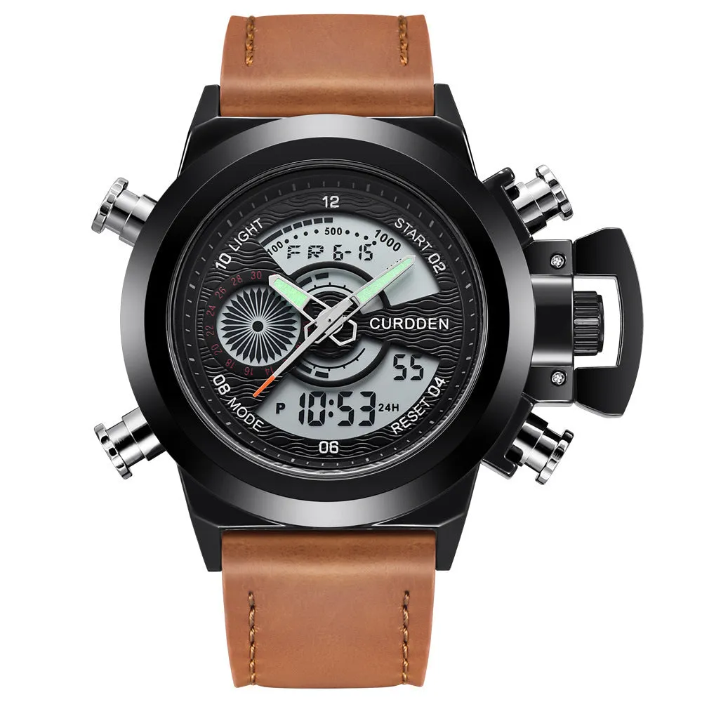 Men's sports watch with dual display, leather strap, black dial, 4.7cm surface diameter
