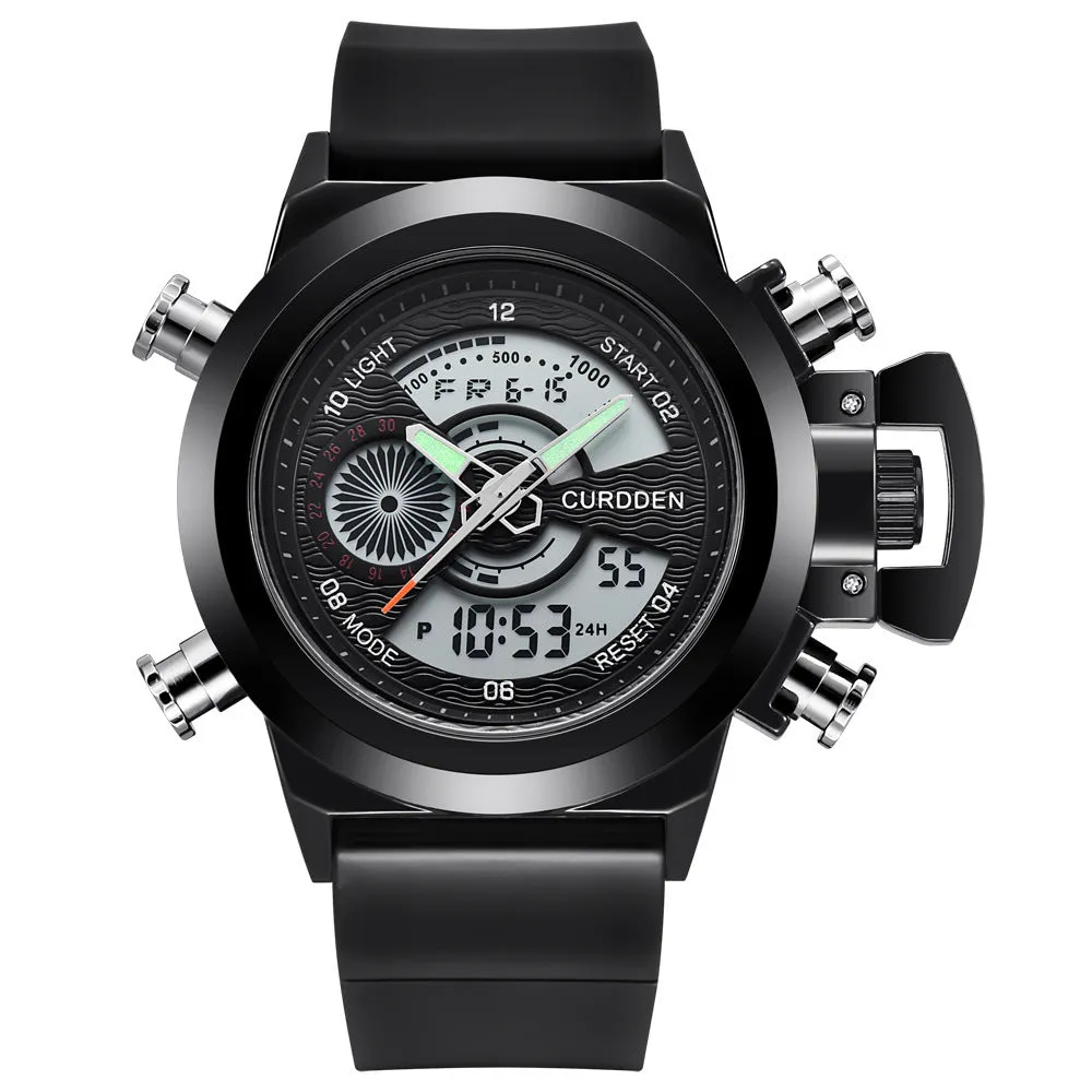 Men's sports watch with dual display, leather strap, black dial, 4.7cm surface diameter