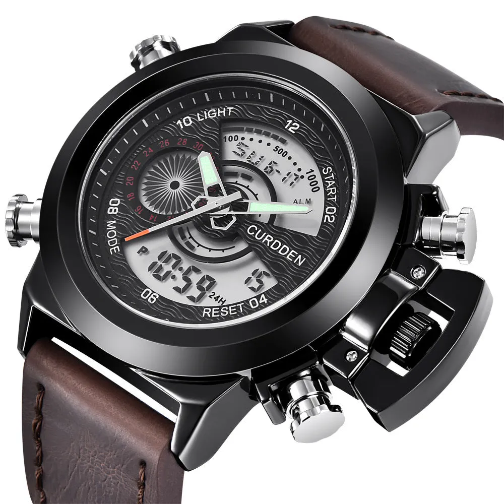 Men's sports watch with dual display, leather strap, black dial, 4.7cm surface diameter