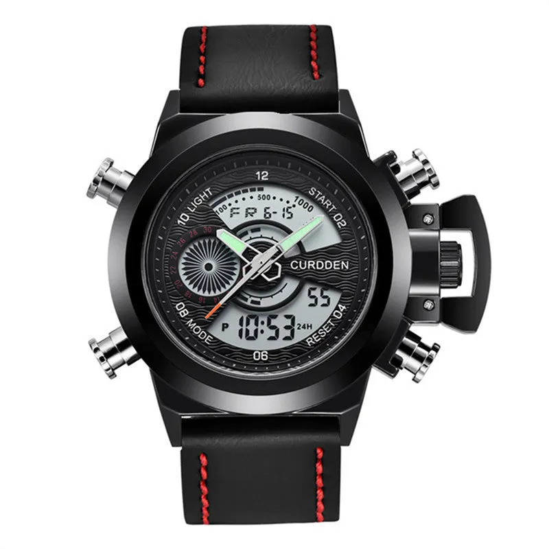 Men's sports watch with dual display, leather strap, black dial, 4.7cm surface diameter
