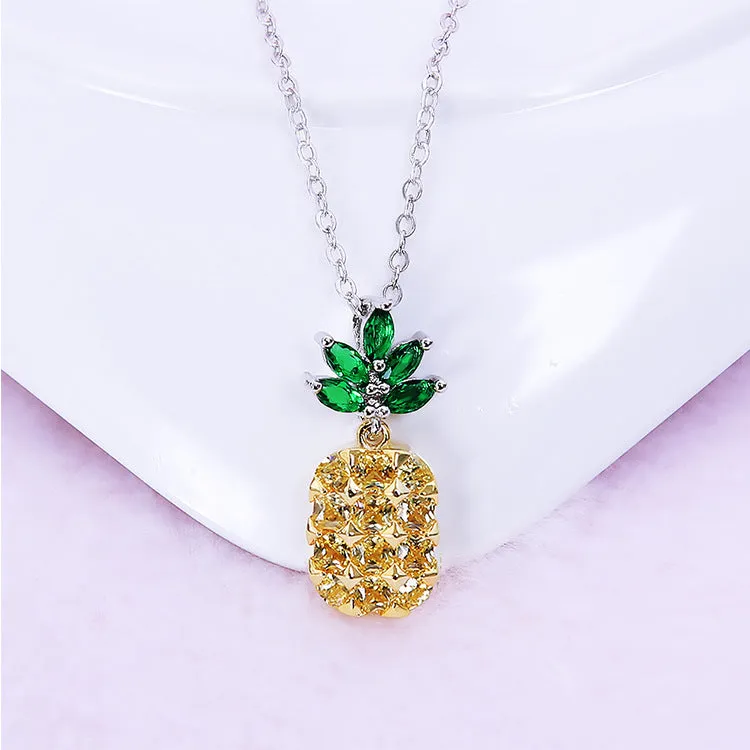 925 silver crystal pineapple earrings and necklace set with diamond-cut geometric design
