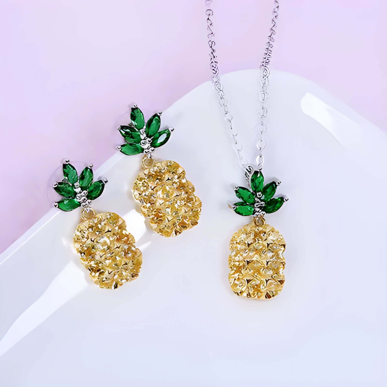 925 silver crystal pineapple earrings and necklace set with diamond-cut geometric design