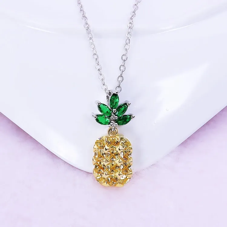 925 silver crystal pineapple earrings and necklace set with diamond-cut geometric design