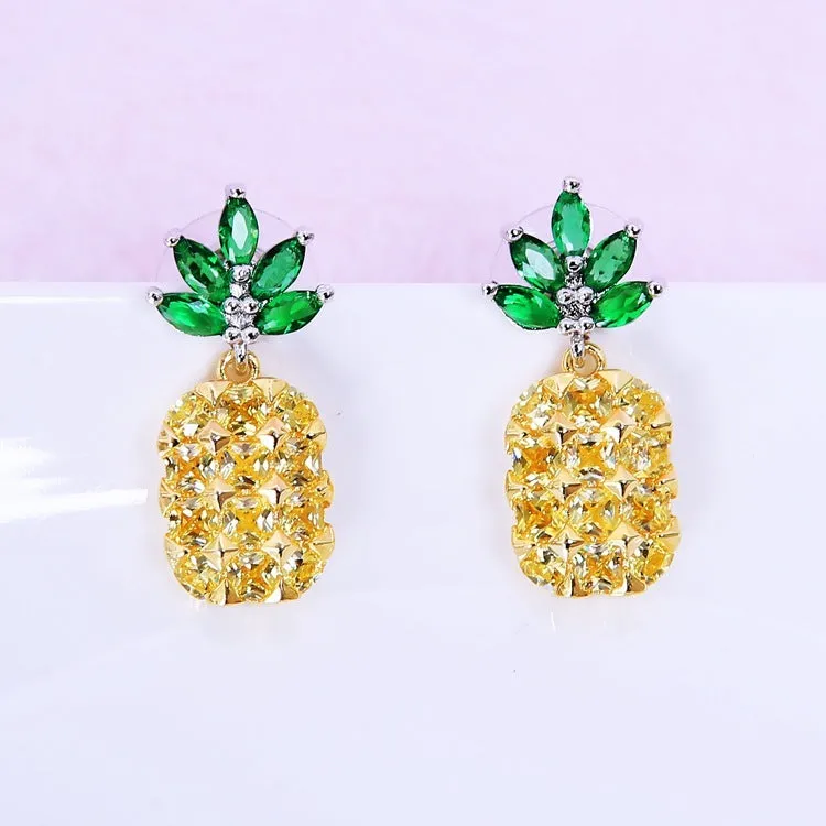 925 silver crystal pineapple earrings and necklace set with diamond-cut geometric design