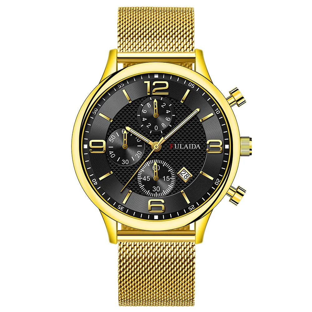 Men's gold shell quartz watch with black dial and mesh alloy strap on a white background