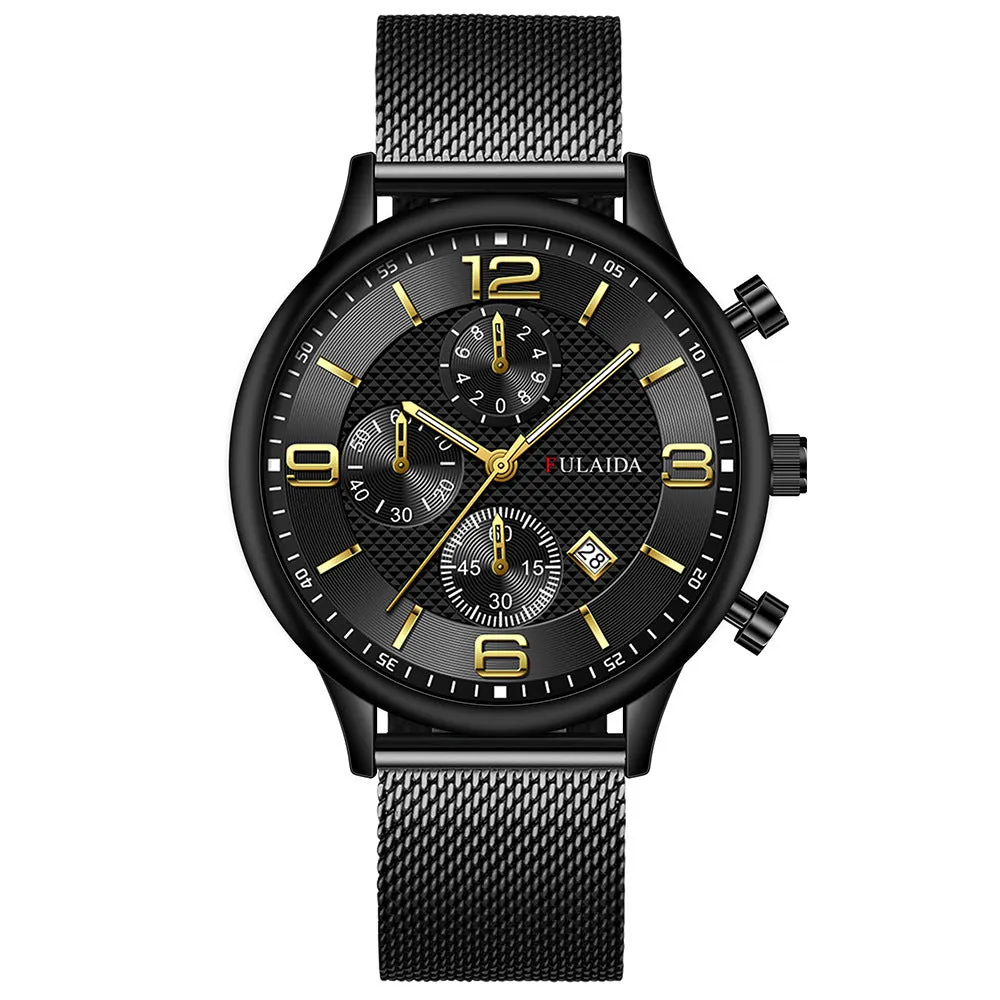 Men's gold shell quartz watch with black dial and mesh alloy strap on a white background