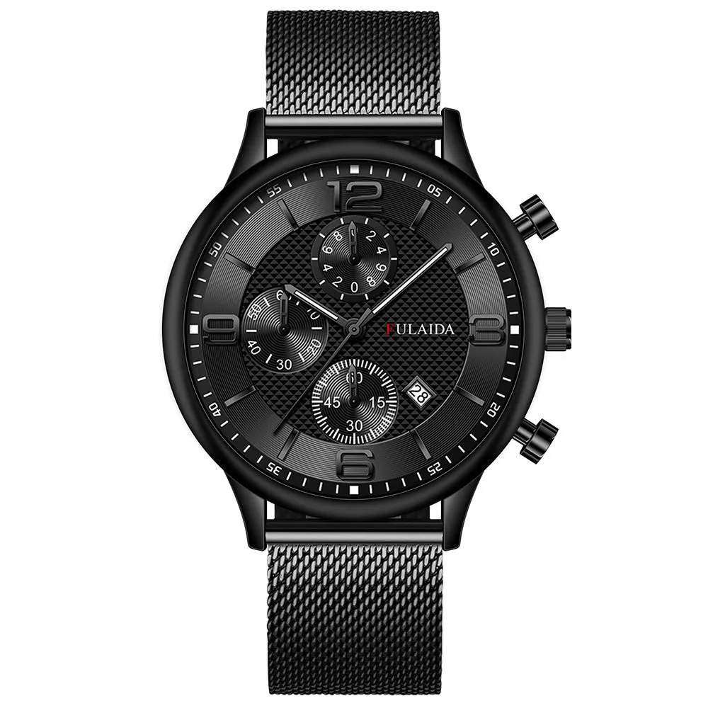 Men's gold shell quartz watch with black dial and mesh alloy strap on a white background
