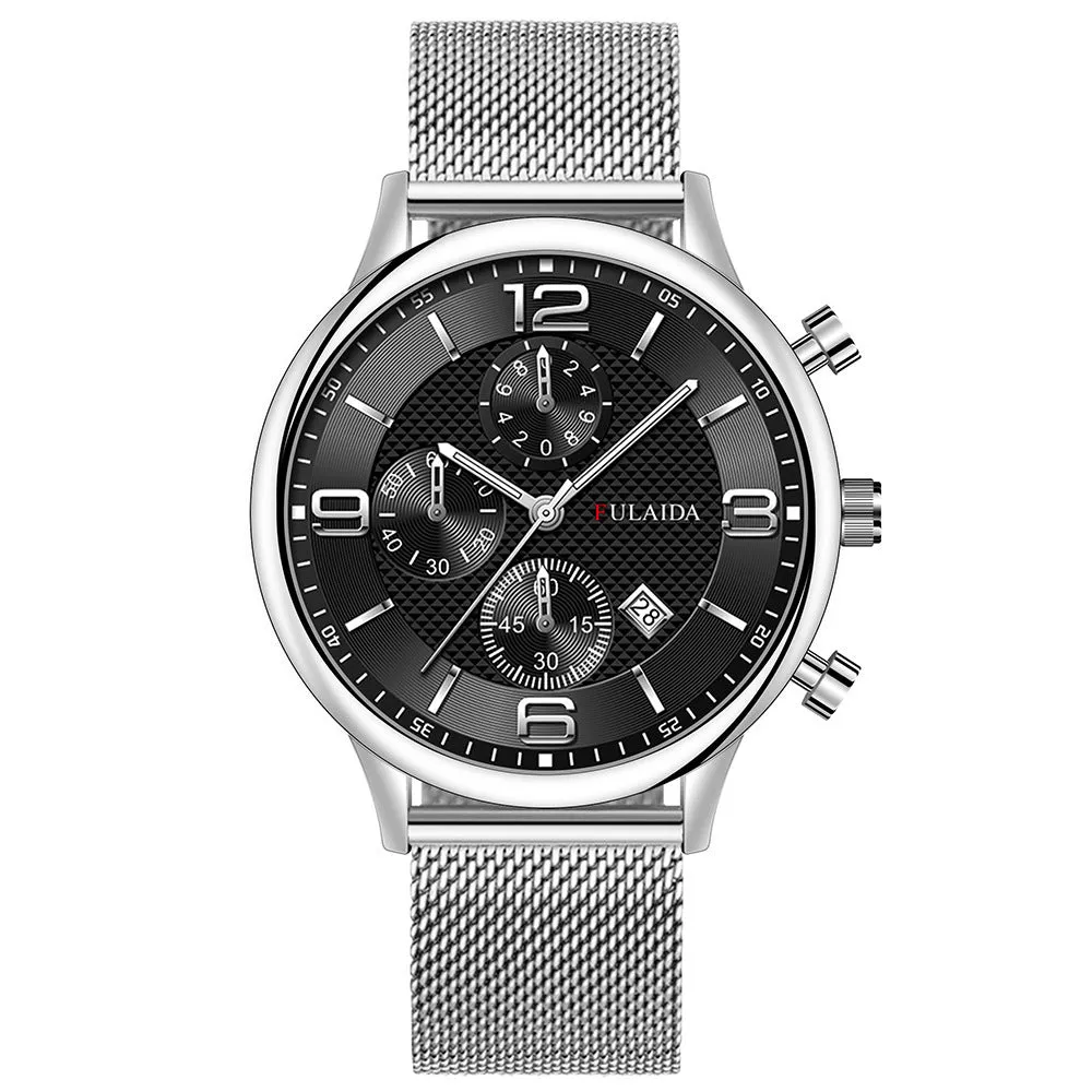 Men's gold shell quartz watch with black dial and mesh alloy strap on a white background