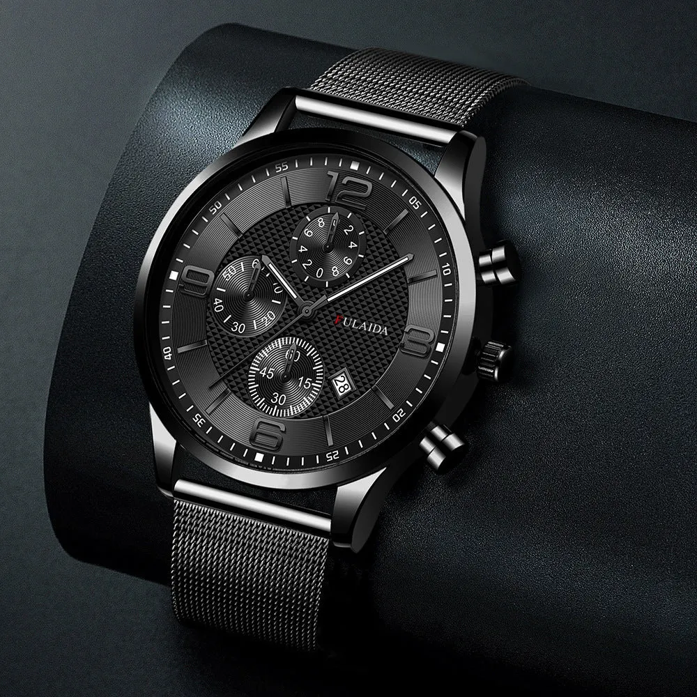 Men's gold shell quartz watch with black dial and mesh alloy strap on a white background