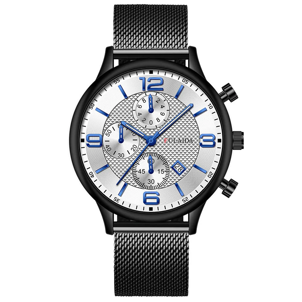 Men's gold shell quartz watch with black dial and mesh alloy strap on a white background