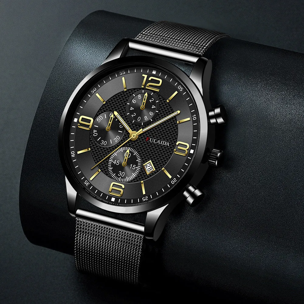 Men's gold shell quartz watch with black dial and mesh alloy strap on a white background
