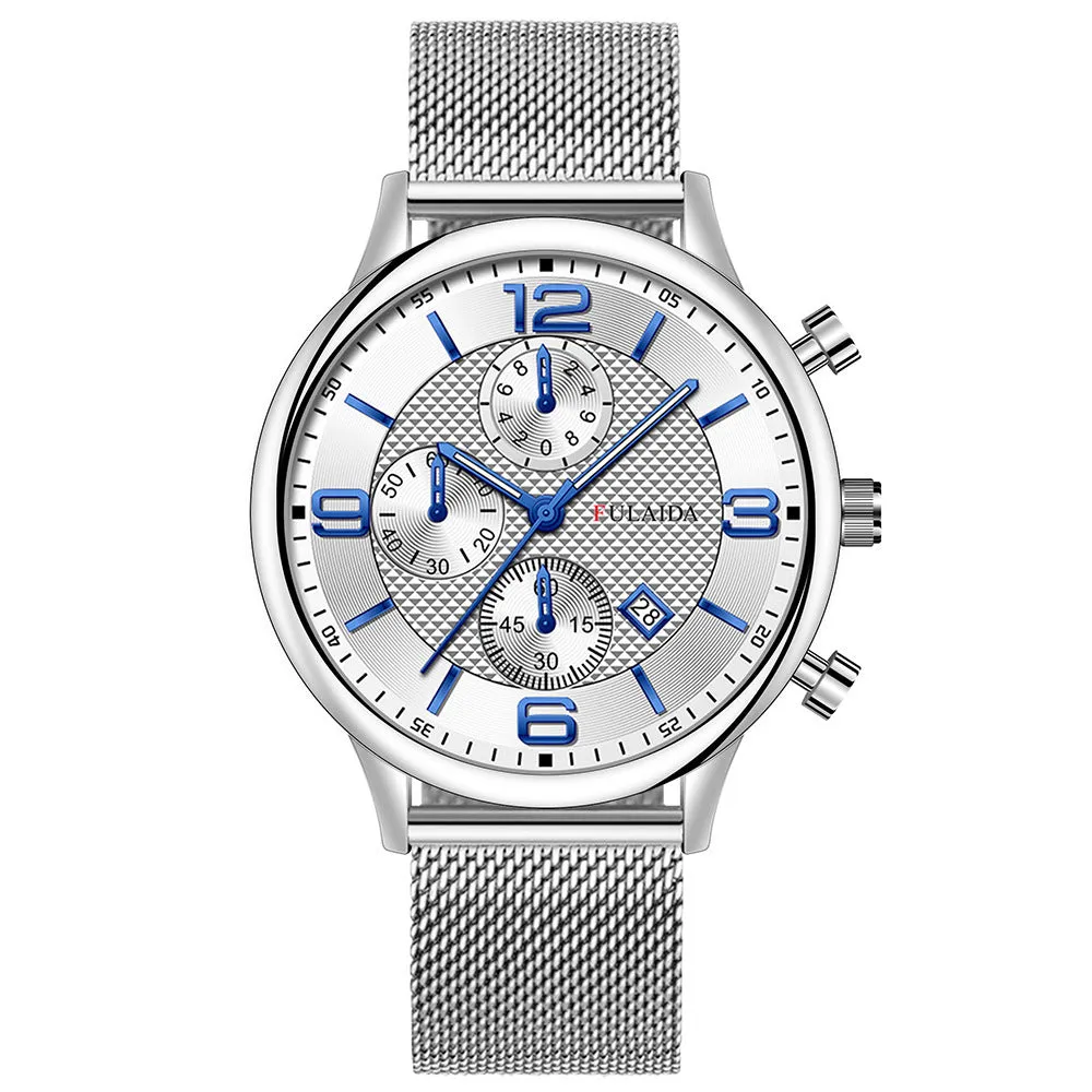 Men's gold shell quartz watch with black dial and mesh alloy strap on a white background