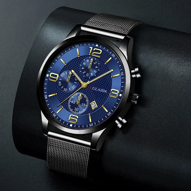 Men's gold shell quartz watch with black dial and mesh alloy strap on a white background