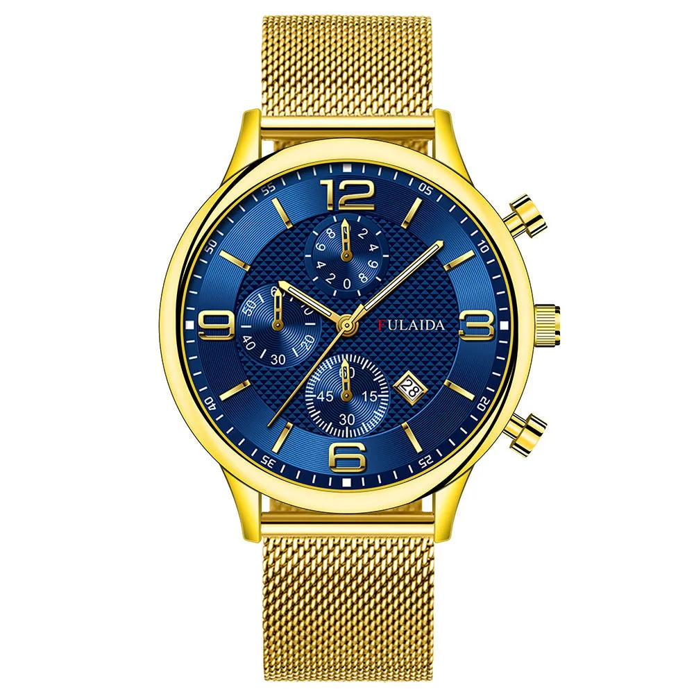 Men's gold shell quartz watch with black dial and mesh alloy strap on a white background