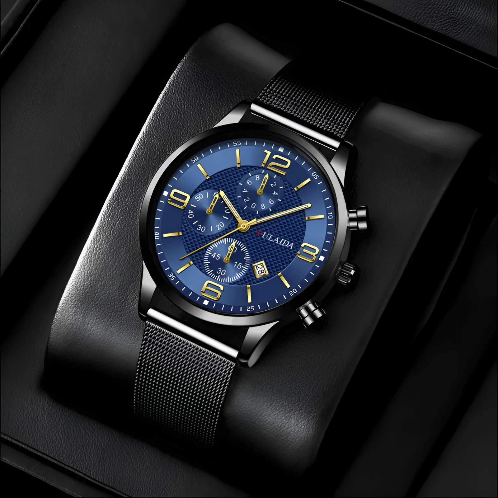 Men's gold shell quartz watch with black dial and mesh alloy strap on a white background