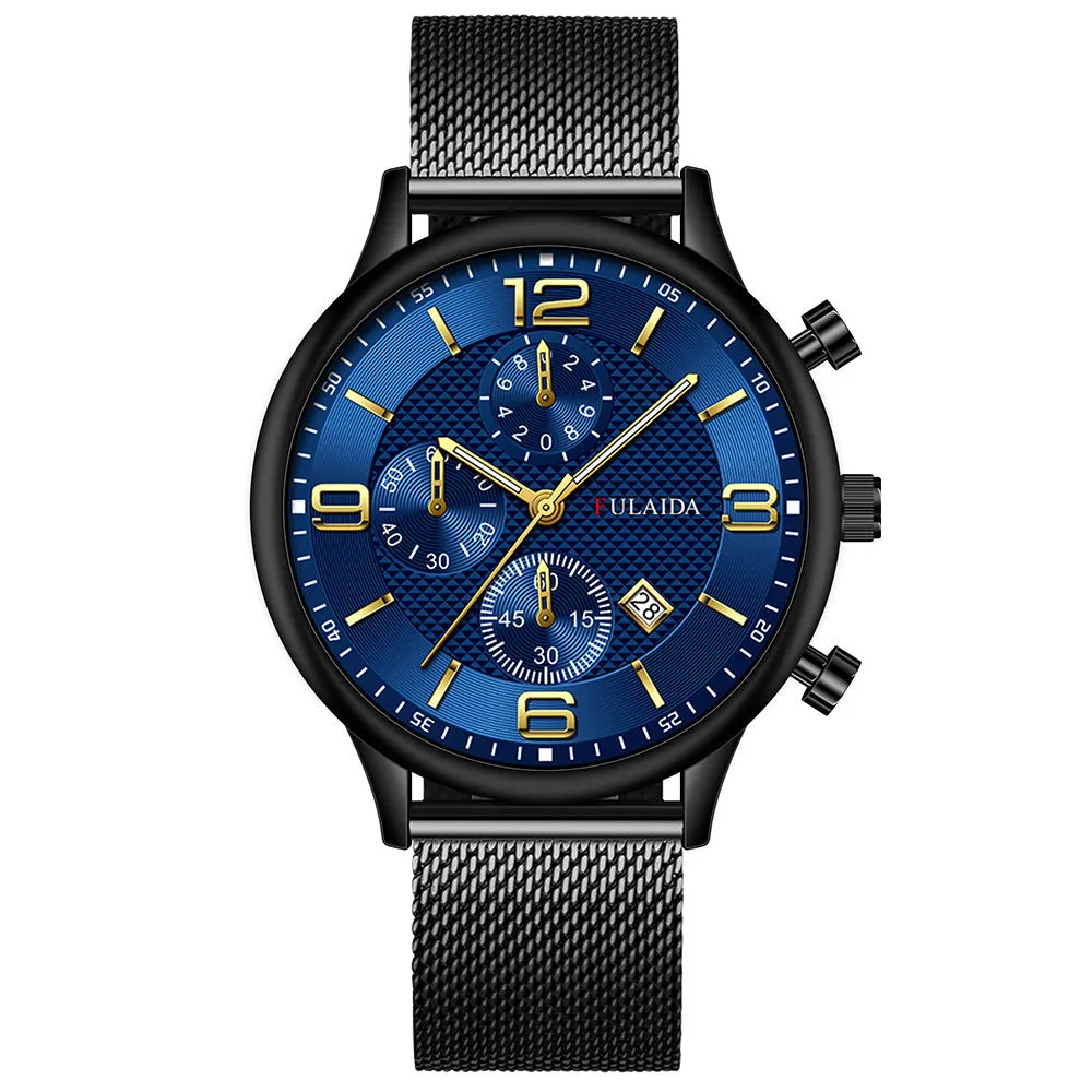 Men's gold shell quartz watch with black dial and mesh alloy strap on a white background