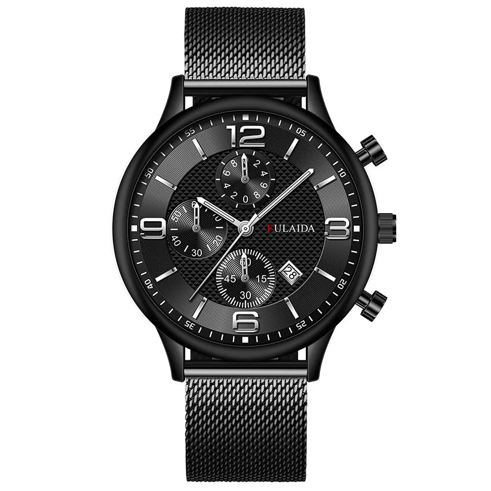Men's gold shell quartz watch with black dial and mesh alloy strap on a white background