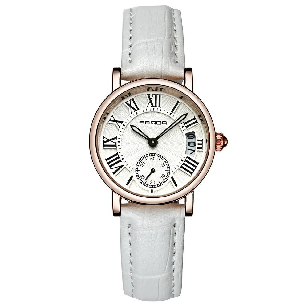 Women's waterproof quartz watch with round 32mm dial, leather strap, and onion crown