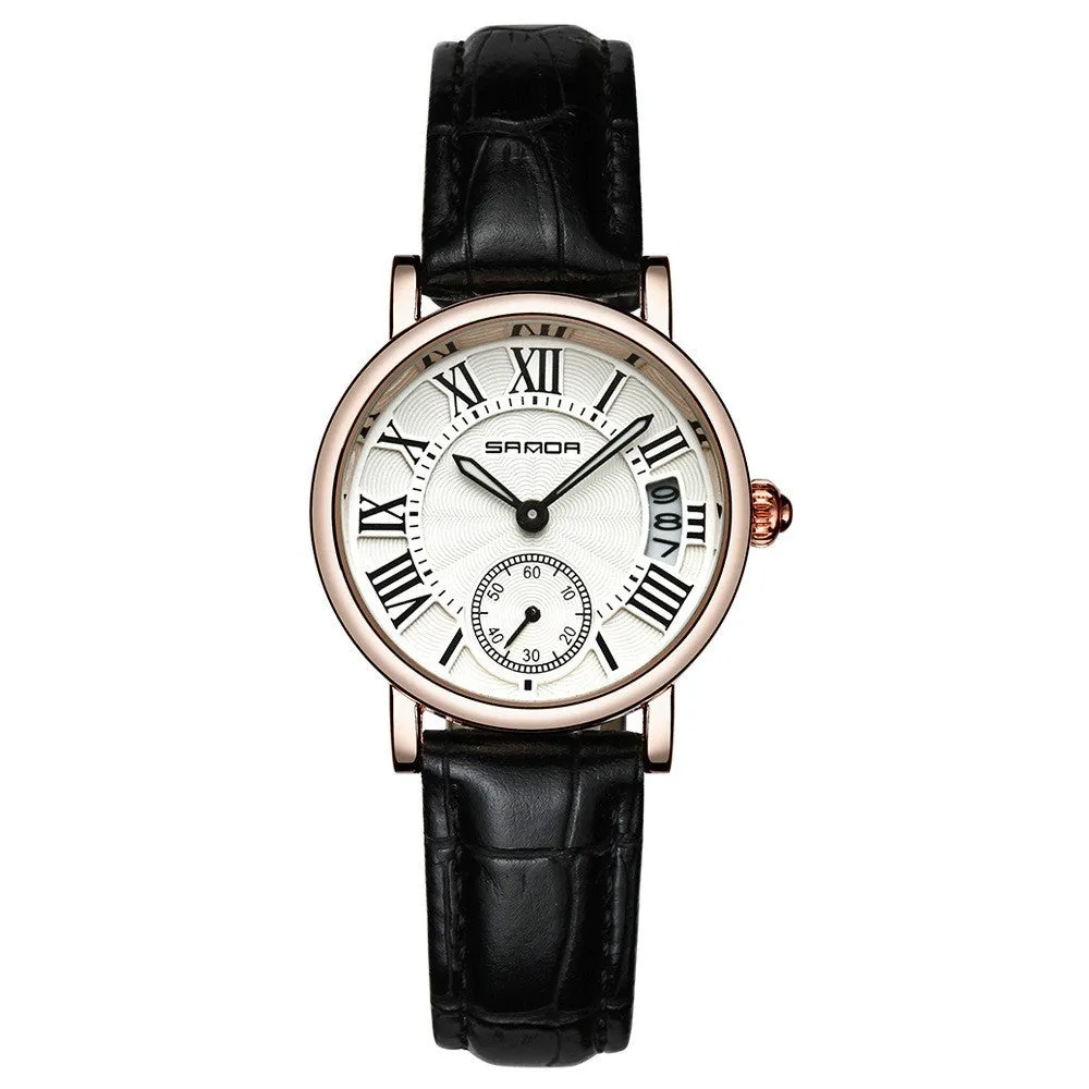 Women's waterproof quartz watch with round 32mm dial, leather strap, and onion crown