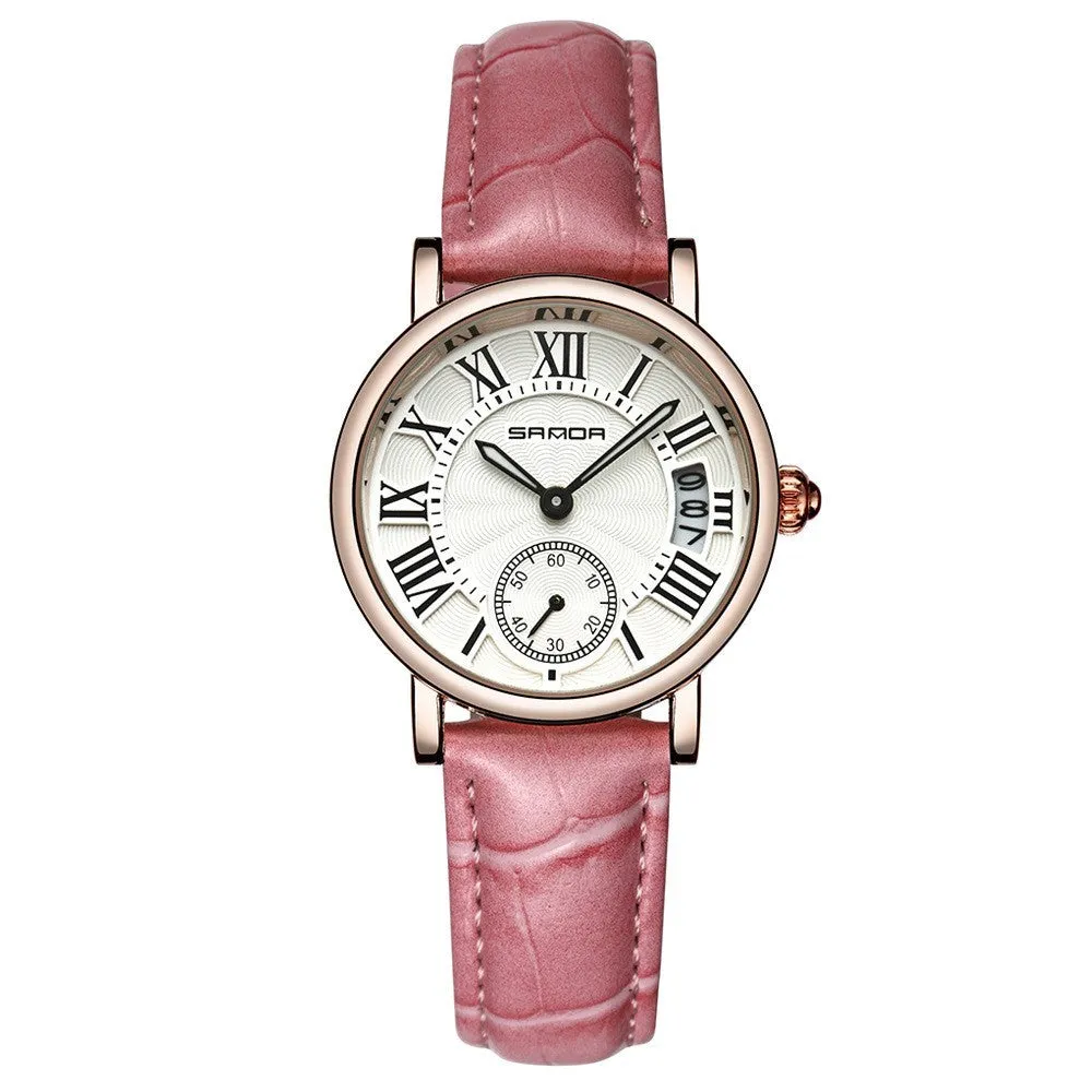 Women's waterproof quartz watch with round 32mm dial, leather strap, and onion crown