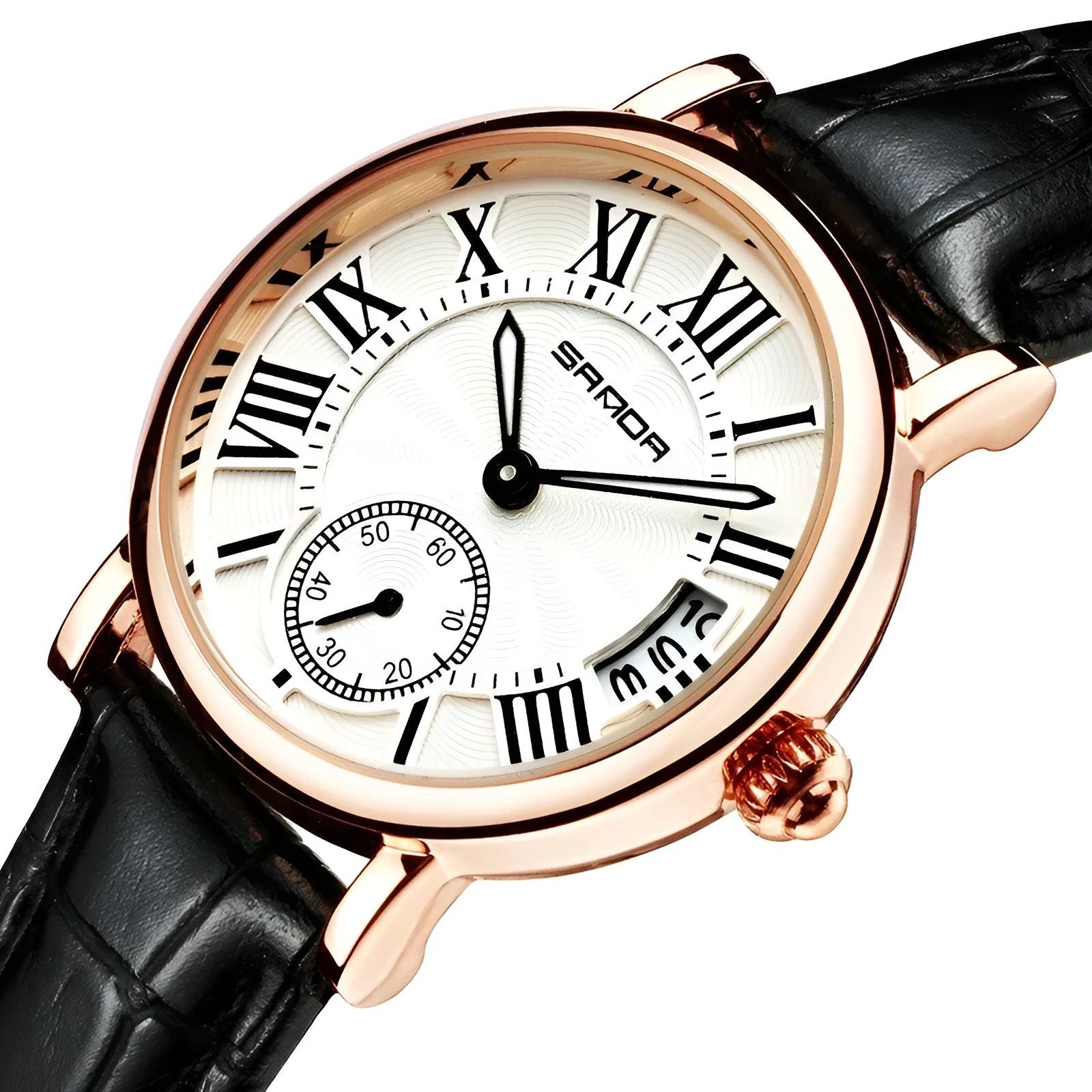 Women's waterproof quartz watch with round 32mm dial, leather strap, and onion crown