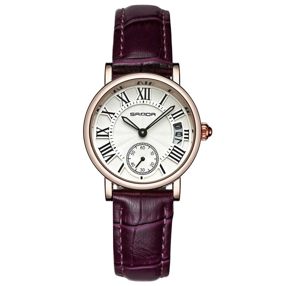 Women's waterproof quartz watch with round 32mm dial, leather strap, and onion crown