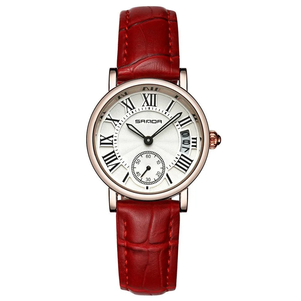 Women's waterproof quartz watch with round 32mm dial, leather strap, and onion crown