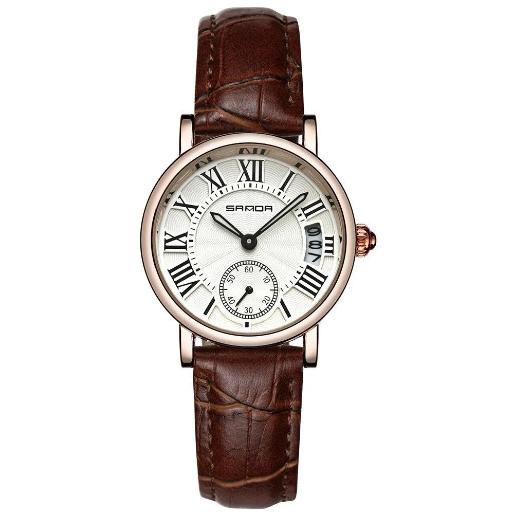 Women's waterproof quartz watch with round 32mm dial, leather strap, and onion crown
