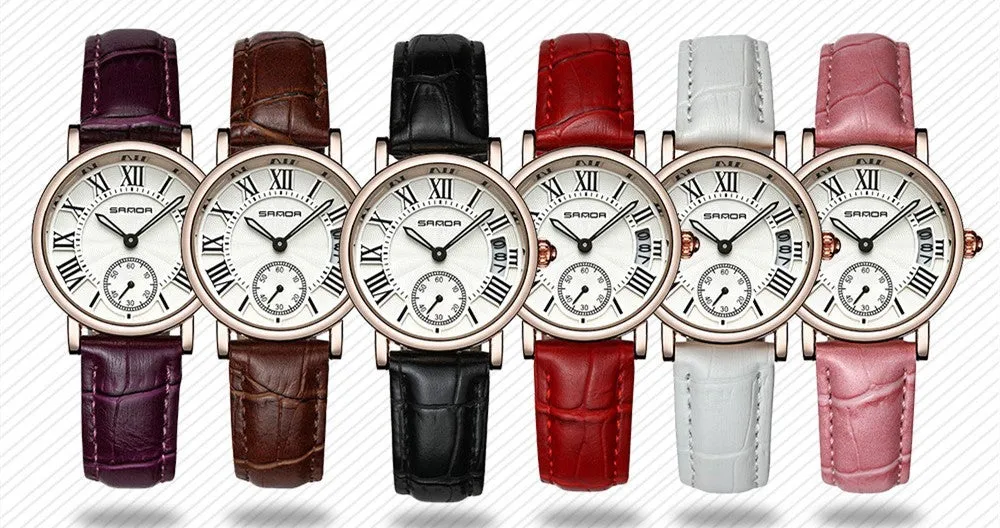 Women's waterproof quartz watch with round 32mm dial, leather strap, and onion crown