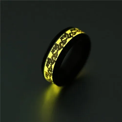 Blue Chinese dragon pattern fluorescent titanium steel ring on white background, epoxy finish, size 10