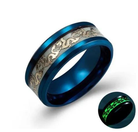 Blue Chinese dragon pattern fluorescent titanium steel ring on white background, epoxy finish, size 10