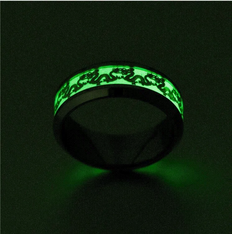 Blue Chinese dragon pattern fluorescent titanium steel ring on white background, epoxy finish, size 10