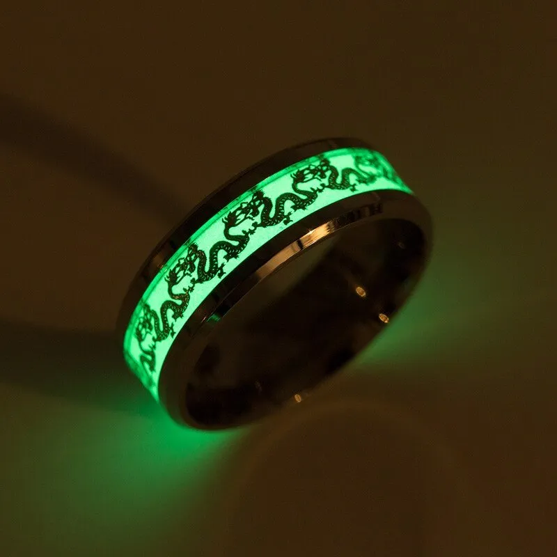 Blue Chinese dragon pattern fluorescent titanium steel ring on white background, epoxy finish, size 10