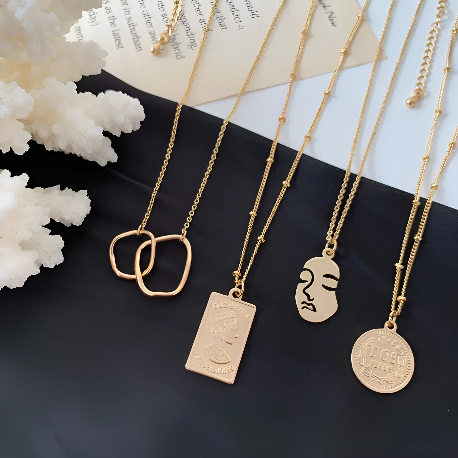 Abstract face metal choker necklace gold colour alloy snake bone chain geometric pendant party jewellery