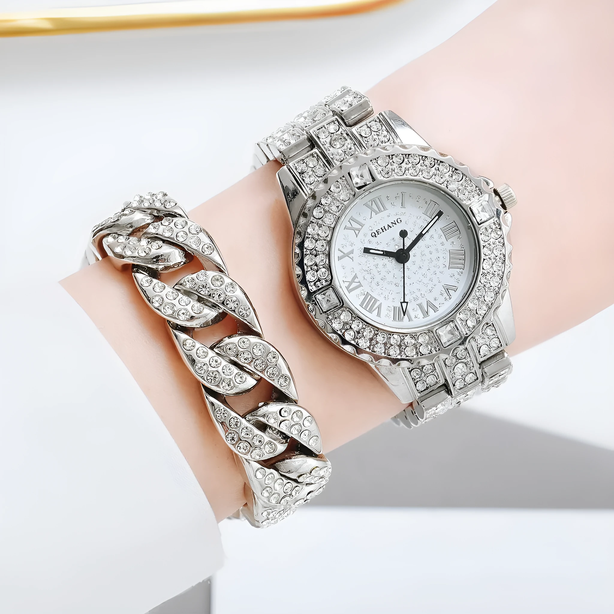 Women's quartz watch with diamond accents, round 26mm dial, alloy case, gold finish
