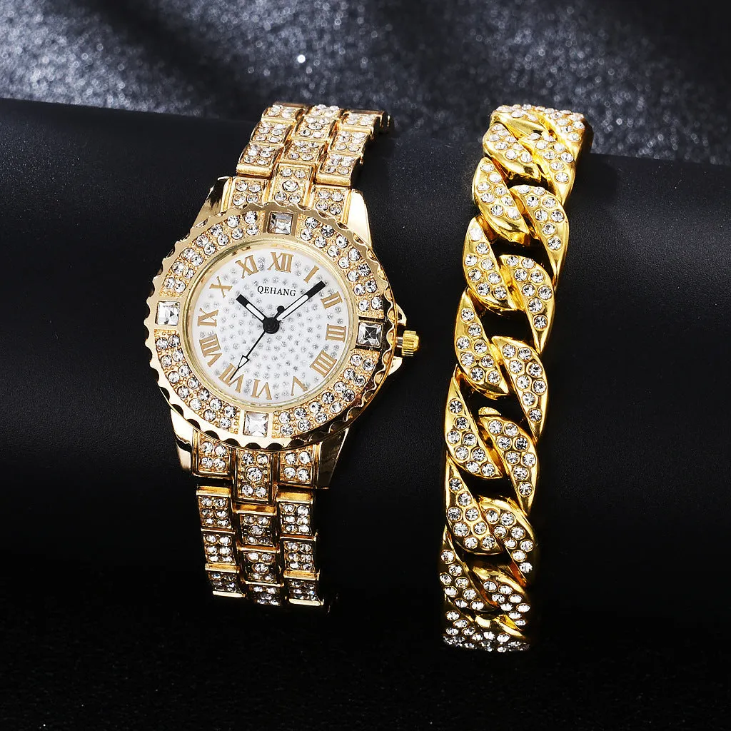 Women's quartz watch with diamond accents, round 26mm dial, alloy case, gold finish