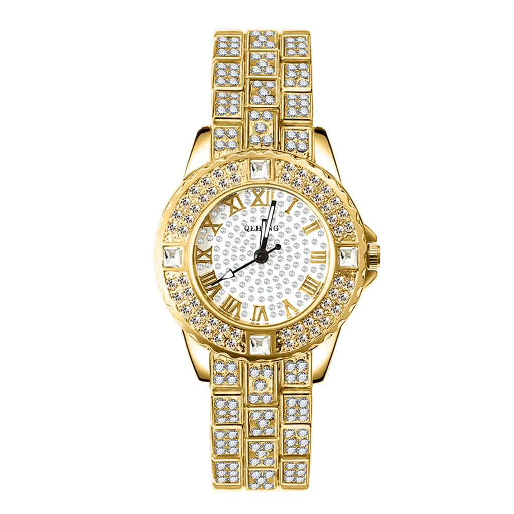 Women's quartz watch with diamond accents, round 26mm dial, alloy case, gold finish