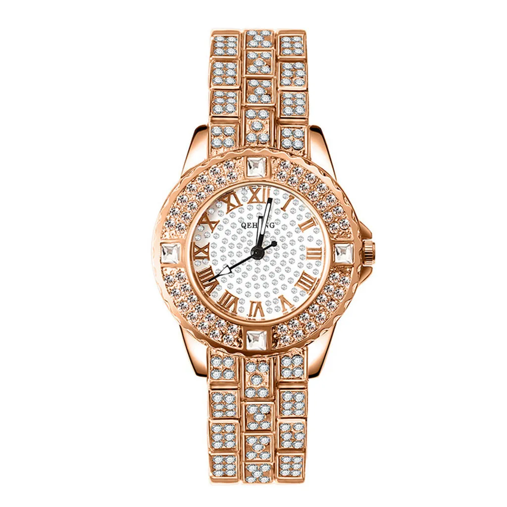 Women's quartz watch with diamond accents, round 26mm dial, alloy case, gold finish